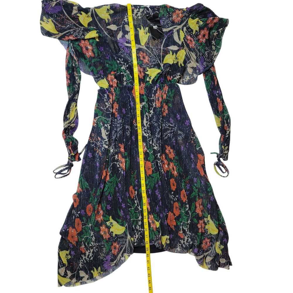 ZARA collection shiny pleated long sleeve ruffle shoulders floral dress size S - Picture 11 of 11